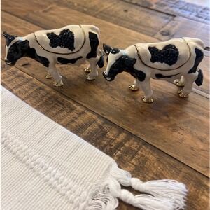 Pair‎ of Cow Trinket Box Figurines, Black White Gold Accent, Farmhouse Decor